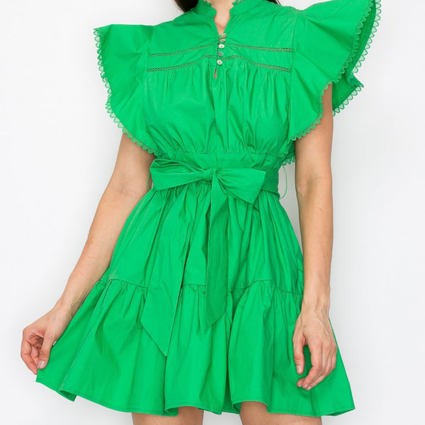 Cotton flutter sleeves tiered skirt with belt mini - Marian Style Boutique