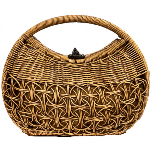 Purse brown vintage tote bag made from rattan with a cotton lining. - Marian Style Boutique