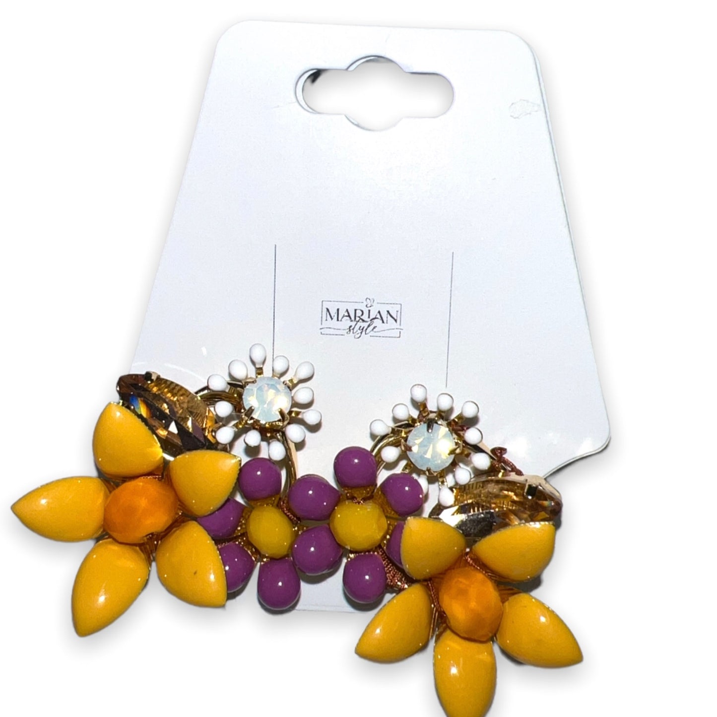 Earrings- Yellow handmade flower stud earring with flowers & crystals.