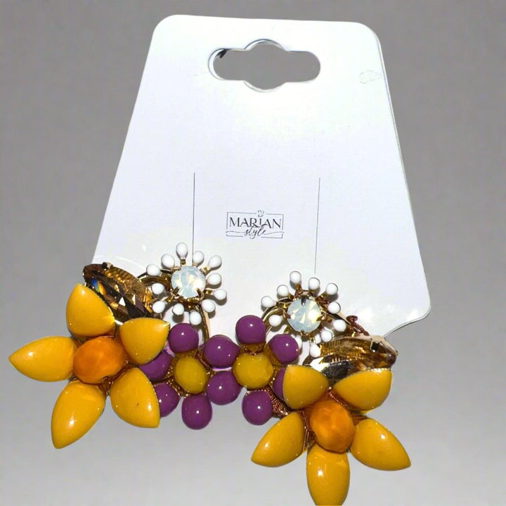 Earrings- Yellow handmade flower stud earring with flowers & crystals. - Marian Style Boutique