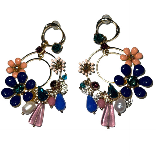 Earrings - Marian 18K gold, handmade with crystals, enamel flowers and medallions.