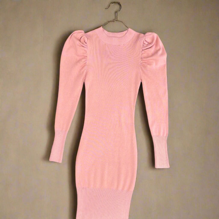 Dress- Ruched Puff Sleeve Ribbed Knit Dress - Marian Style Boutique
