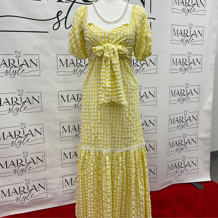 Dress-Yellow Plaid Ribbon Tie Dress - Marian Style Boutique