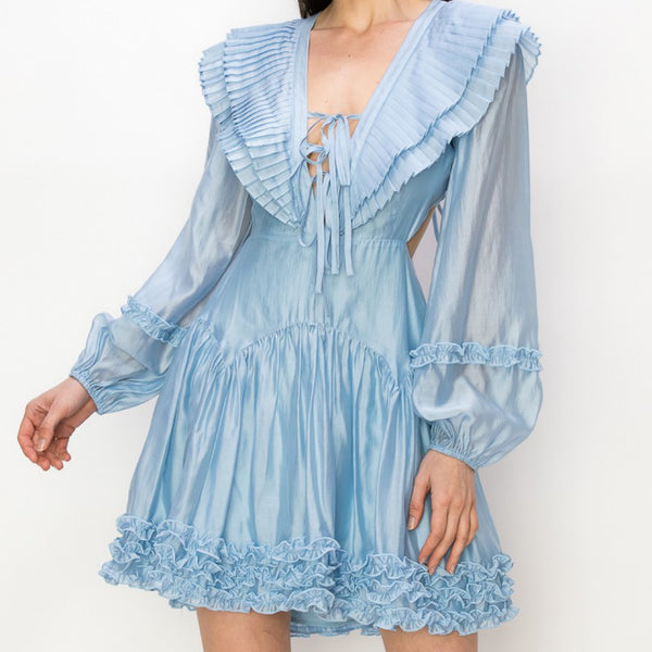 Long Sleeve Pleated Frill Collar Mini Dress - Marian Style Boutique