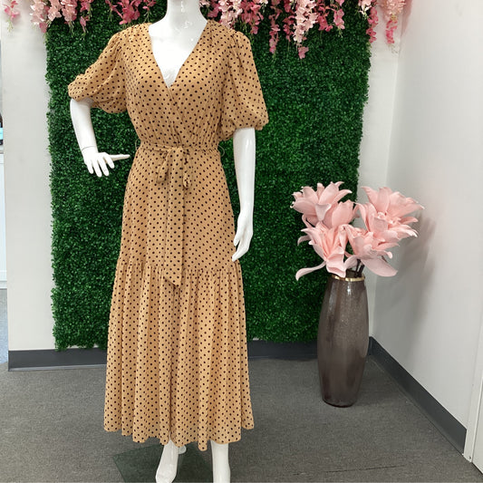 Dress- Brown a printed woven midi dress featuring surplice neckline, bubble sleeve, ruffled hemline, size zipper