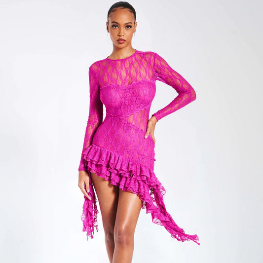 Omayra fuchsia lace long sleeve Ruffle dress