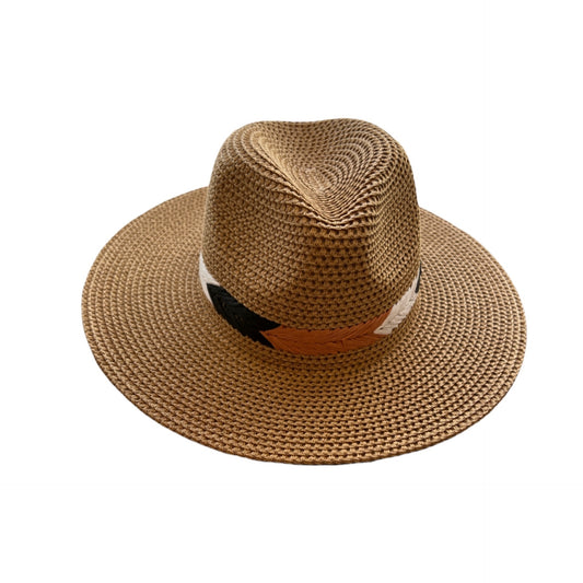 Hat - Light brown with dark pink  black and white design