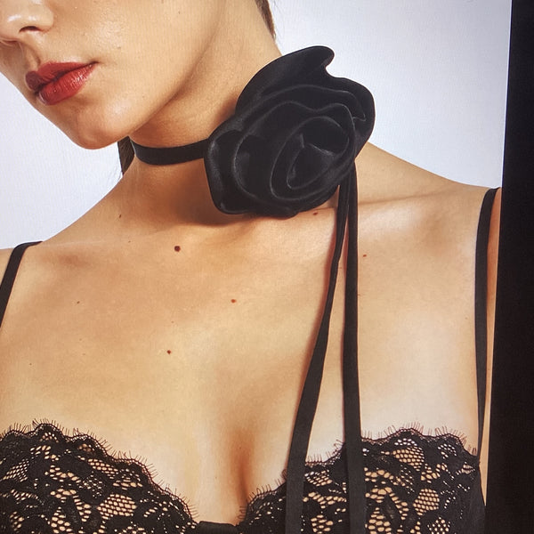Accessories - Vida black satin rose flower choker - Marian Style Boutique