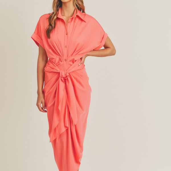 SS BUTTON DOWN SATIN DRESS WITH FRONT TIE - Marian Style Boutique