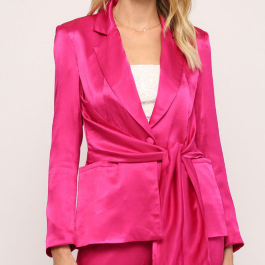 Fuchsia -Front tie satin blazer