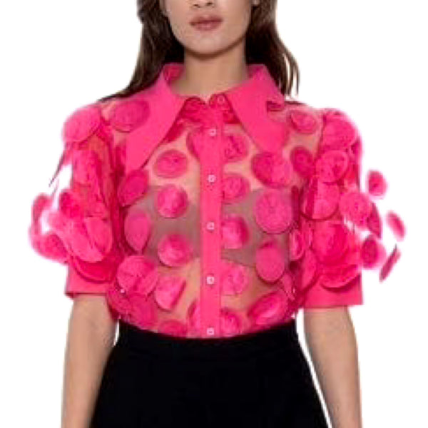 Mesh Splicing Round Polka Dots Button-Down Top - Marian Style Boutique