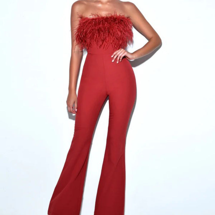 Kylan burgundy feather jumpsuit - Marian Style Boutique