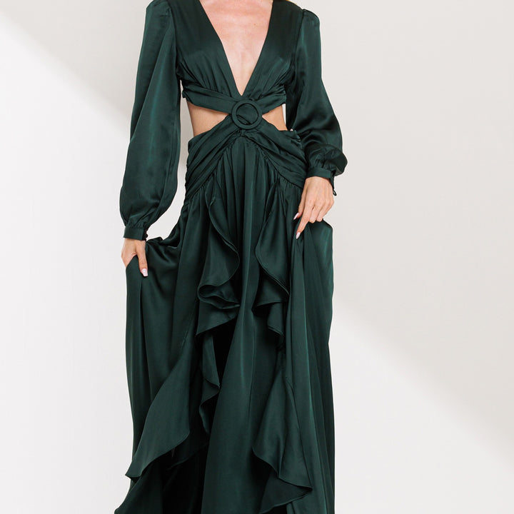 Cut out front Ruffle slit detail maxi dress hunter green - Marian Style Boutique