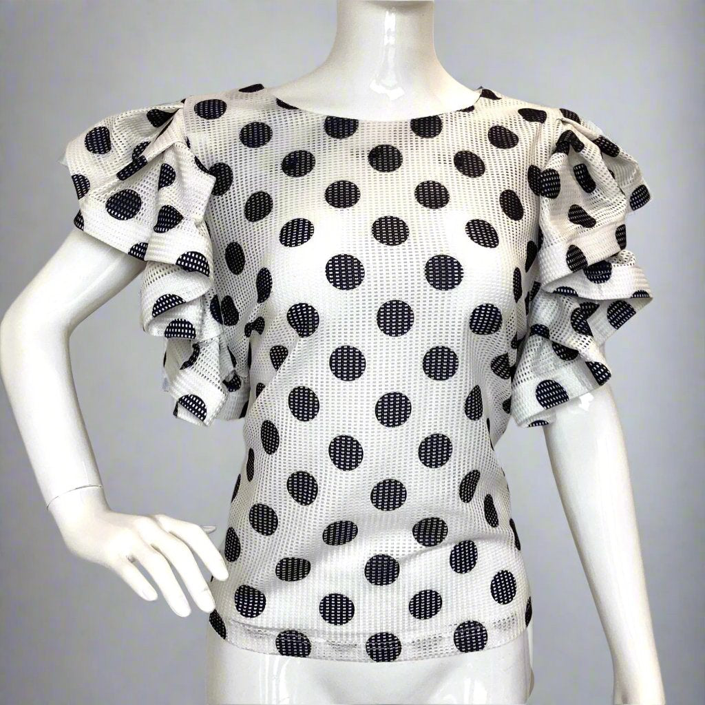 Blouse- Polka Dot blouse with Ruffle on Shoulder