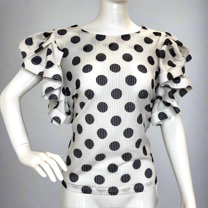 Blouse- Polka Dot blouse with Ruffle on Shoulder - Marian Style Boutique