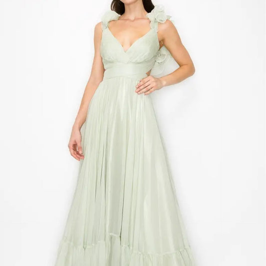 Dress-Chiffon Ruffle Shoulder V Neck Maxi Dress green apple dress