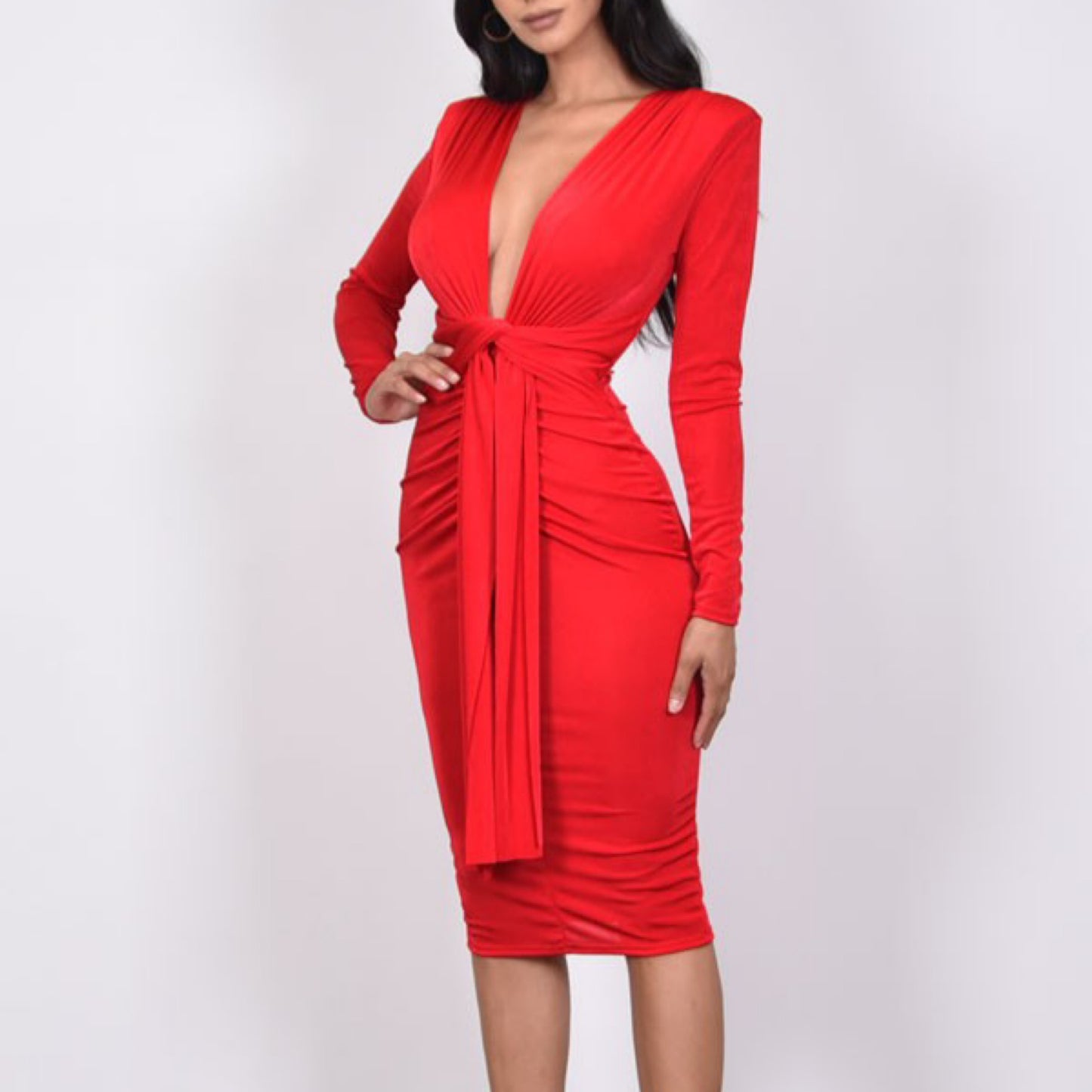 SLINKY LONG SLEEVE RUCHED MIDI DRESS