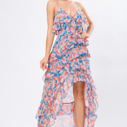 Dress-Chiffon print strap Ruffle dress