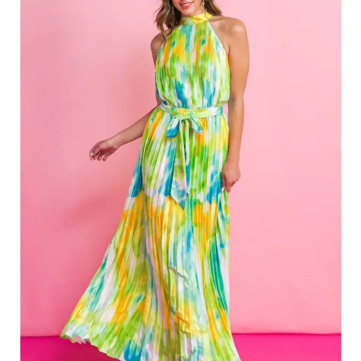 Dresses - A printed satin maxi dress featuring halter neckline