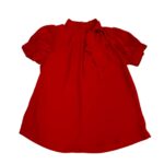 Blouse- Red pleated design  knife pleated mock neck with scarf detail  short puff sleeves.
