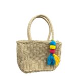 Purse Mini Handle Straw Bag with blue yellow and pink chain.