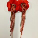 Earrings - Red flowers with long small diamonds