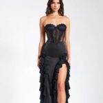 Talia black satin lace corset maxi dress